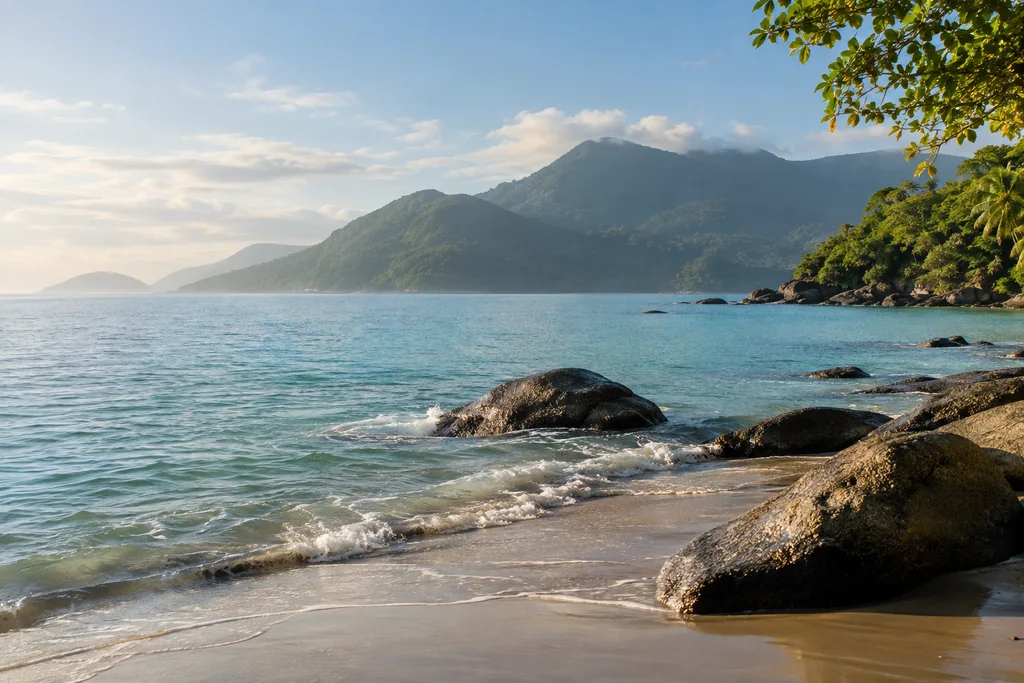 Imagem ilustrativa de paisagem costeira de Ilhabela, com mar e montanhas cobertas pela Mata Atlântica ao fundo